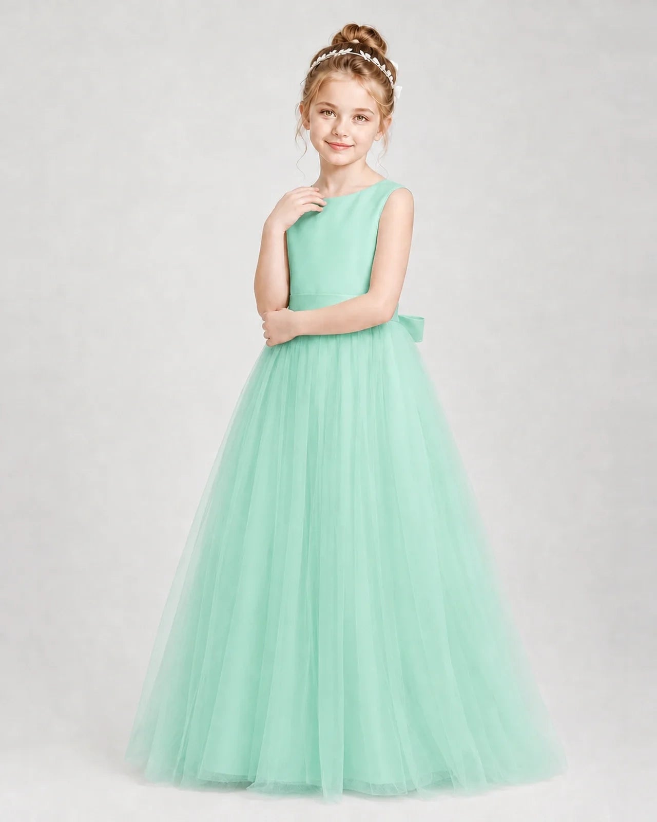 Dideyttawl Double Back Bow Satin Tulle Girl Formal Dress