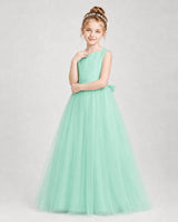 Turquoise Satin and Tulle A-Line Girls Formal Dresses Side View
