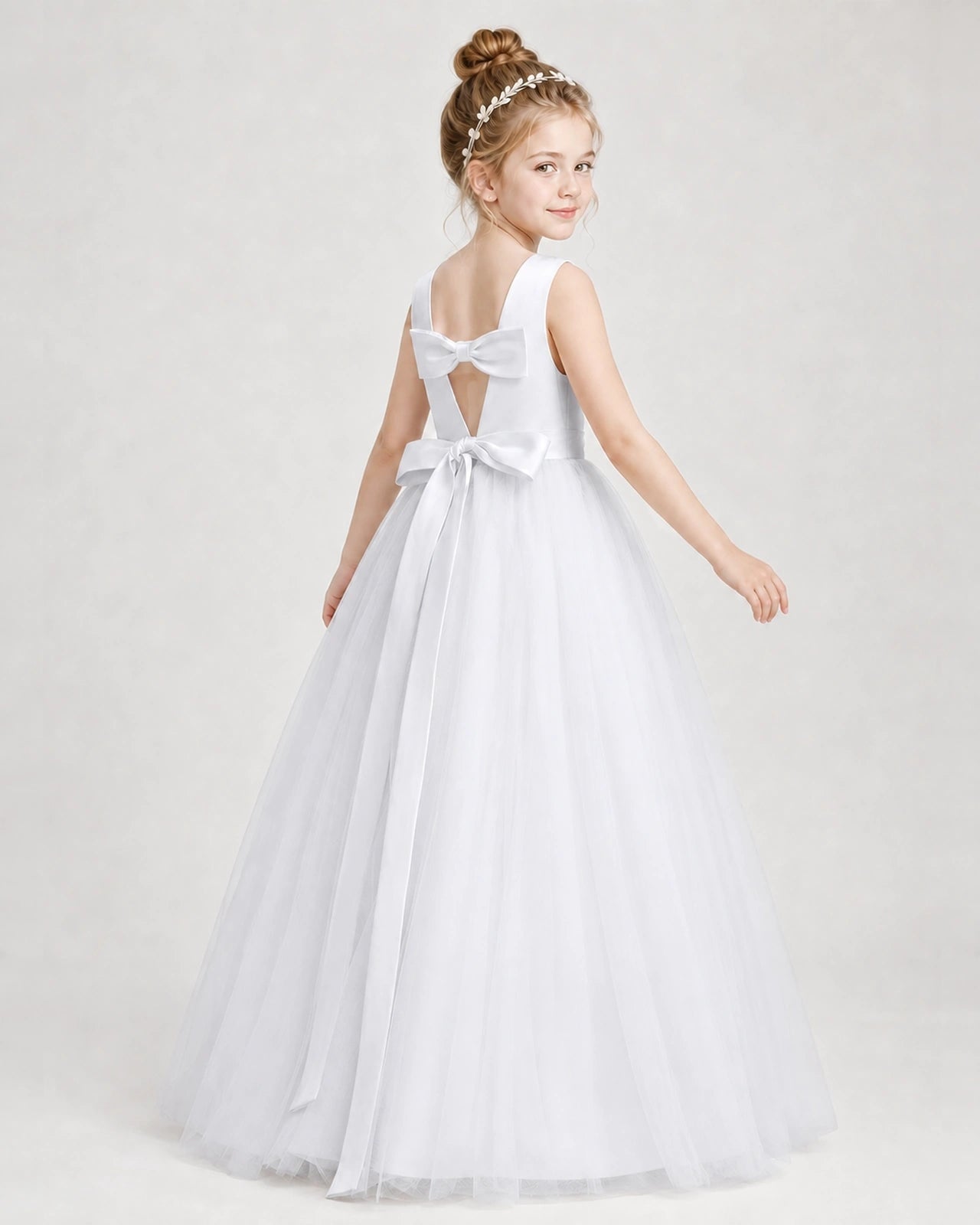 Dideyttawl Double Back Bow Satin Tulle Girl Formal Dress