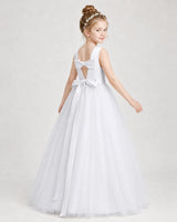 White Satin Tulle Bow A-Line Girls Formal Dresses Back View