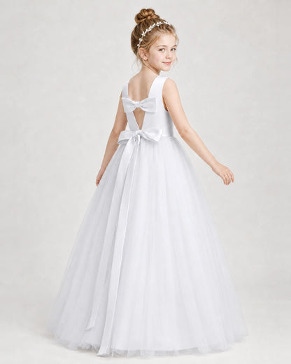 Dideyttawl Double Back Bow Satin Tulle Girl Formal Dress