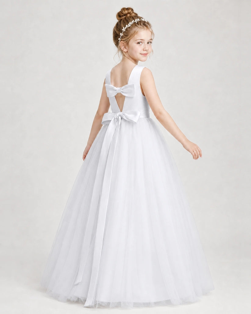 White Satin Tulle Bow A-Line Girls Formal Dresses Back View