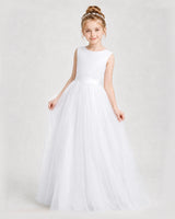 White Satin Tulle A-Line Girls Formal Dresses Front View