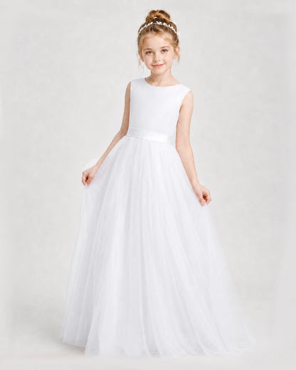 Dideyttawl Double Back Bow Satin Tulle Girl Formal Dress