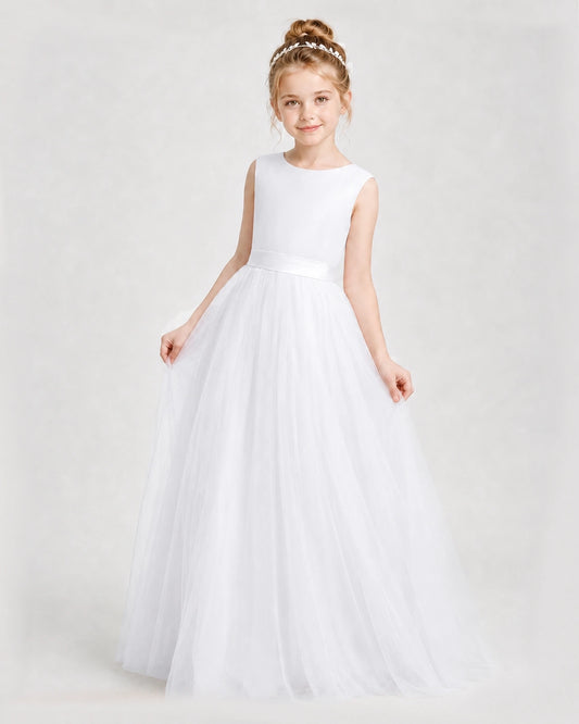 White Satin Tulle A-Line Girls Formal Dresses Front View