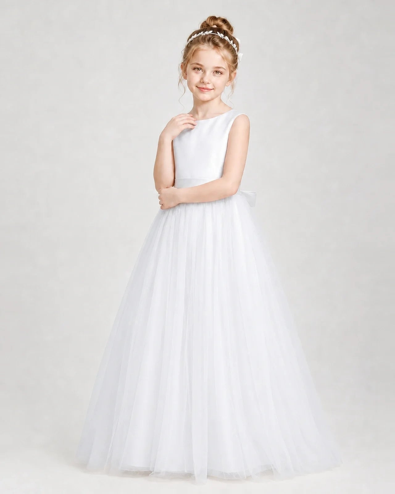 Dideyttawl Double Back Bow Satin Tulle Girl Formal Dress