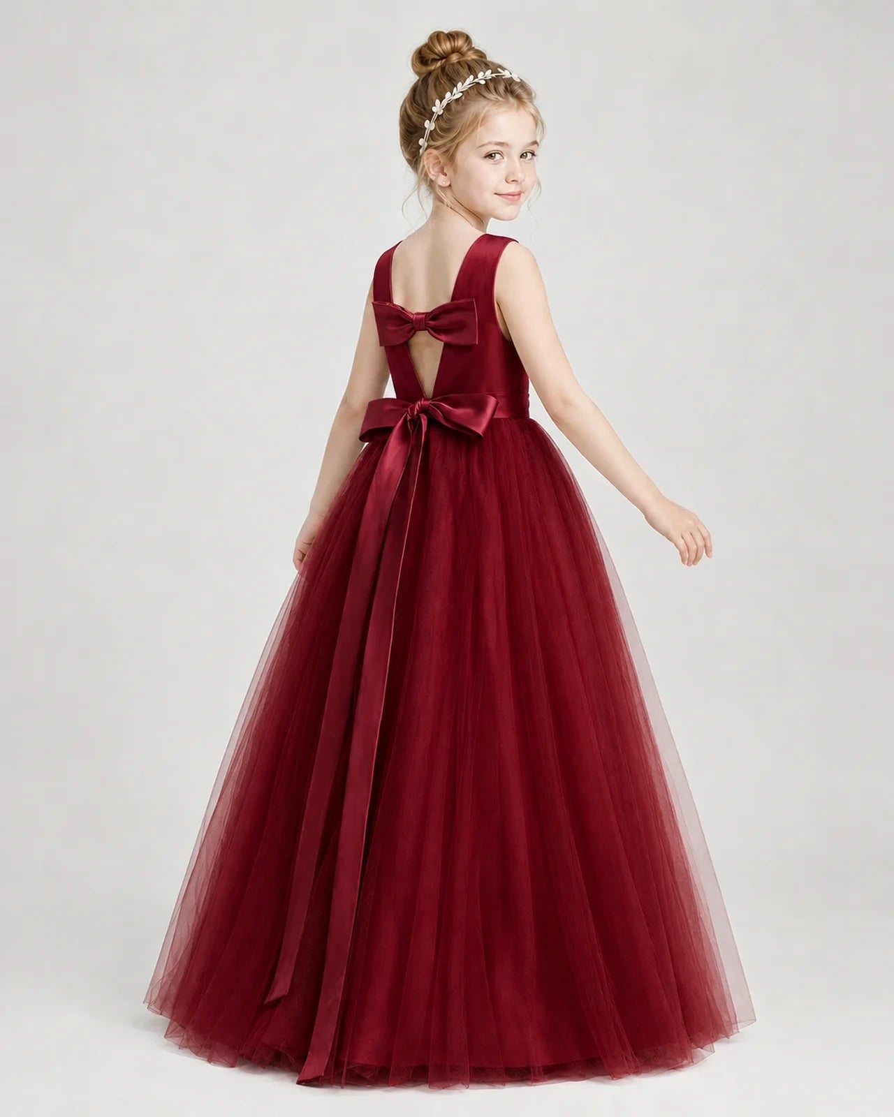 Dideyttawl Double Back Bow Satin Tulle Girl Formal Dress