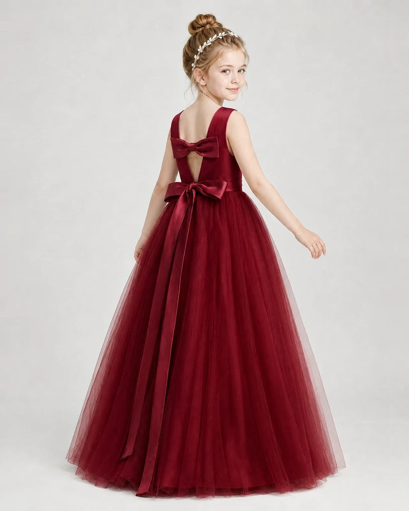 Windred satin and tulle bow back A-line girls formal dress Back View