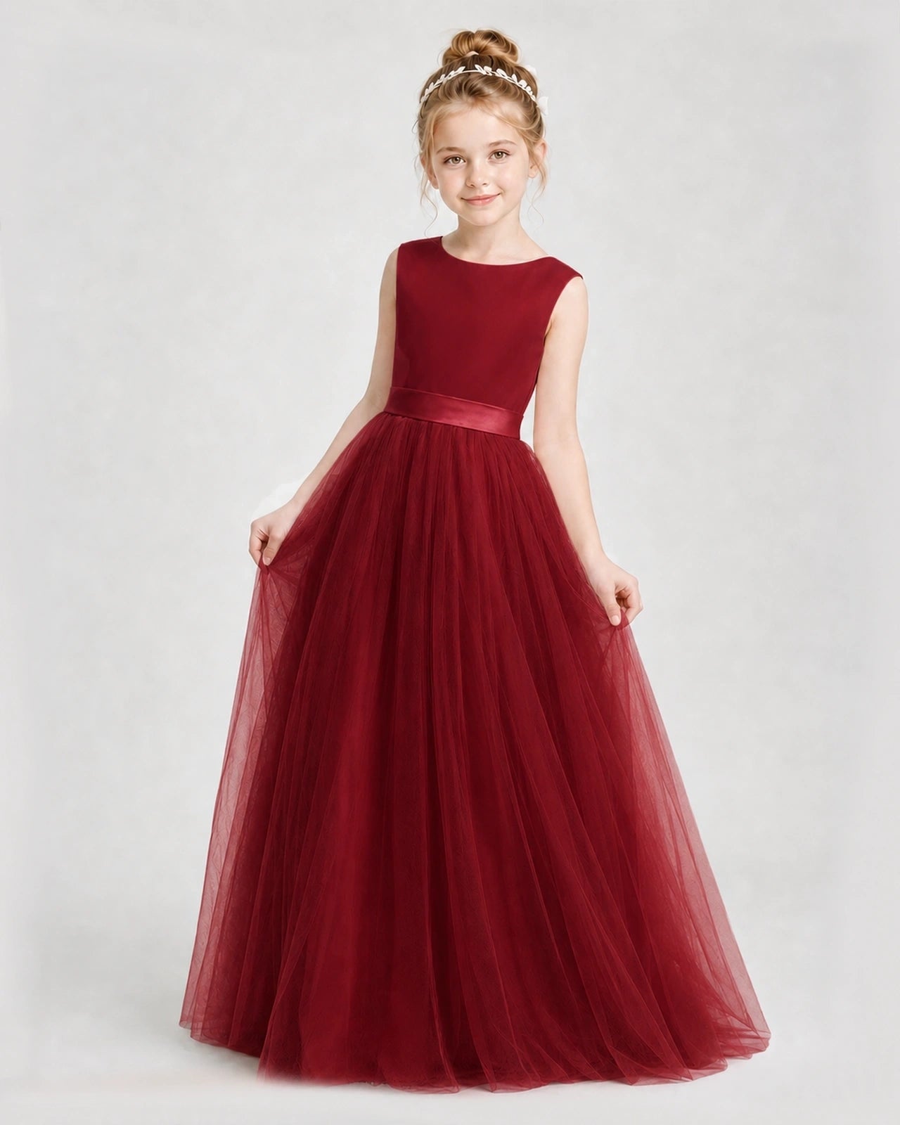 Dideyttawl Double Back Bow Satin Tulle Girl Formal Dress