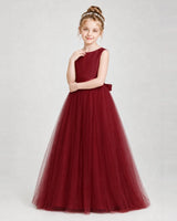 Burgundy Satin and Tulle A-Line Girls Formal Dresses Side View
