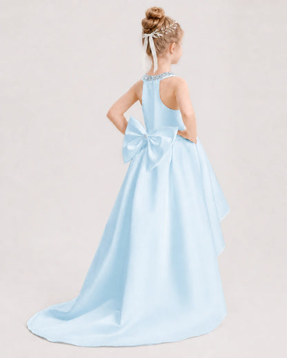 Dideyttawl Beaded V-Neck High-Low Satin Girl Formal Dress