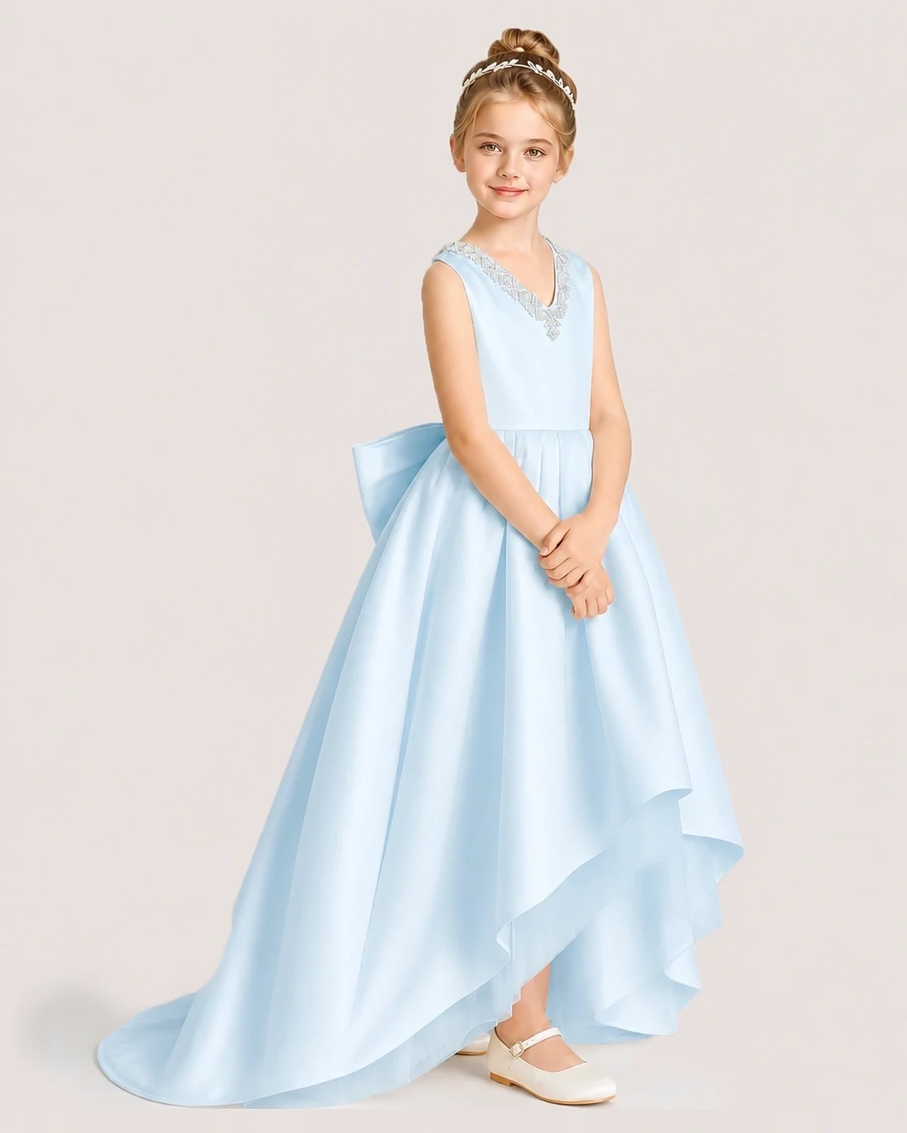 Dideyttawl Beaded V-Neck High-Low Satin Girl Formal Dress