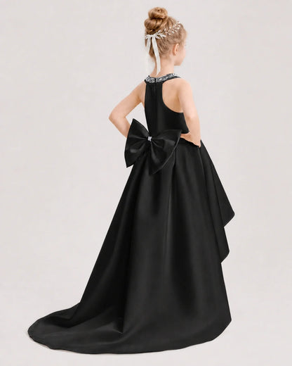 Dideyttawl Beaded V-Neck High-Low Satin Girl Formal Dress