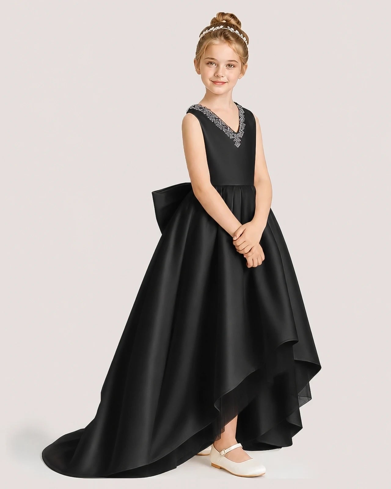 Dideyttawl Beaded V-Neck High-Low Satin Girl Formal Dress