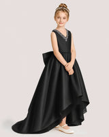 Black satin high-low formal dress girls formal dresses front view