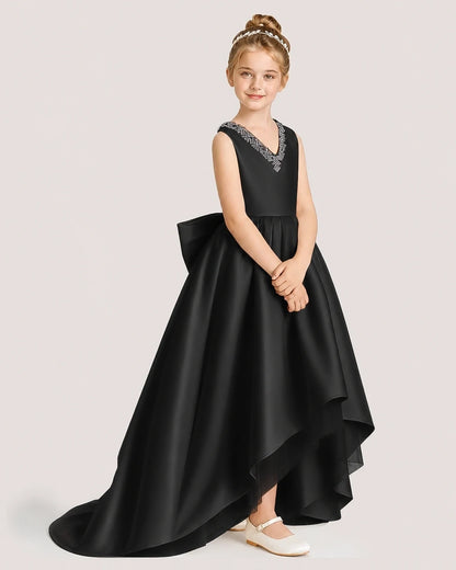 Dideyttawl Beaded V-Neck High-Low Satin Girl Formal Dress