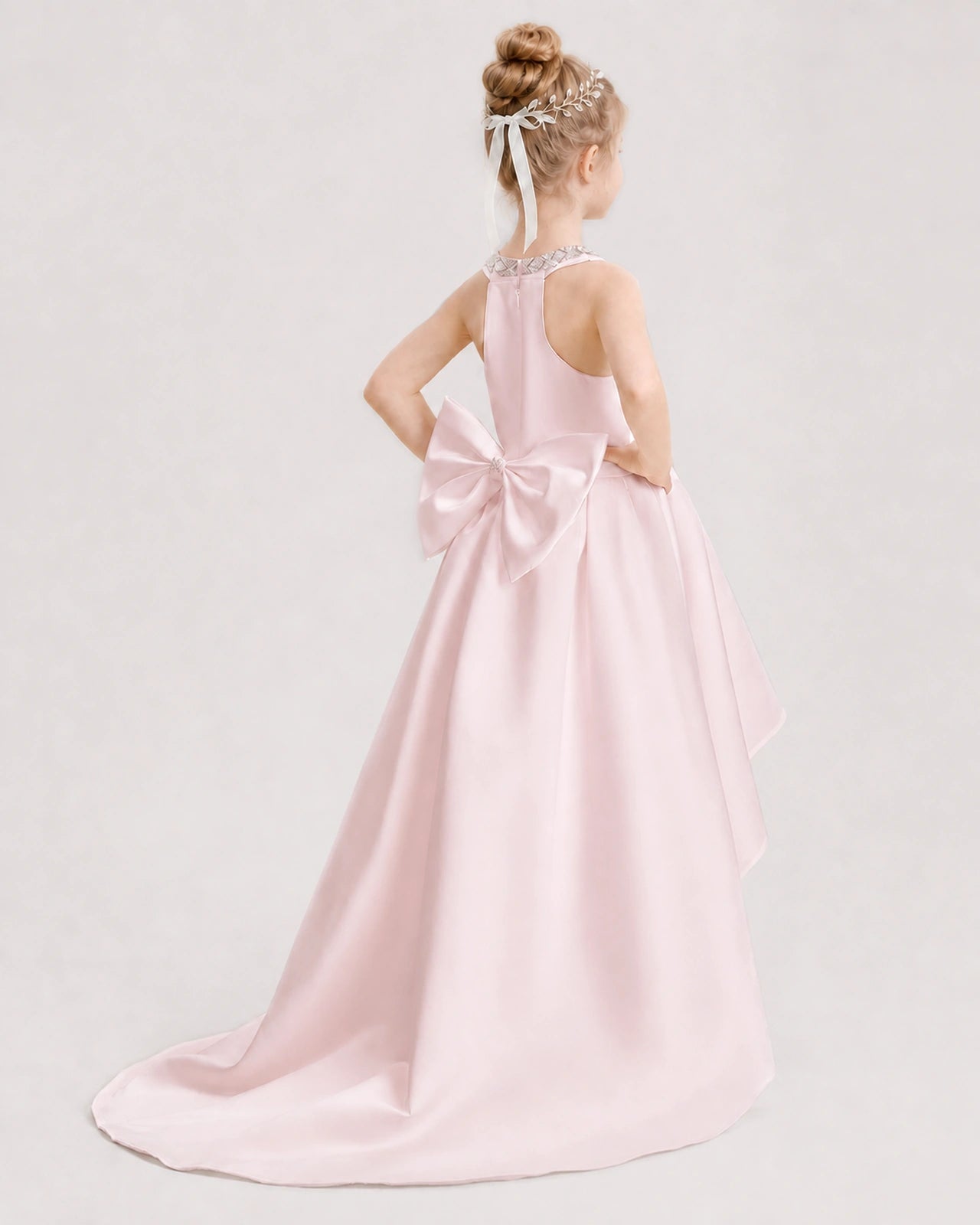 Dideyttawl Beaded V-Neck High-Low Satin Girl Formal Dress