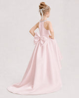 Blush Pink Satin High-Low Girls Formal Dresses Back View