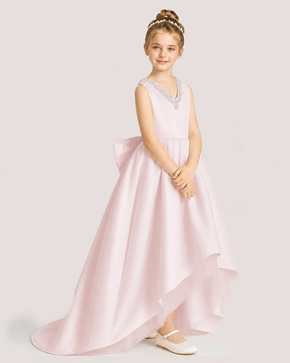 Dideyttawl Beaded V-Neck High-Low Satin Girl Formal Dress