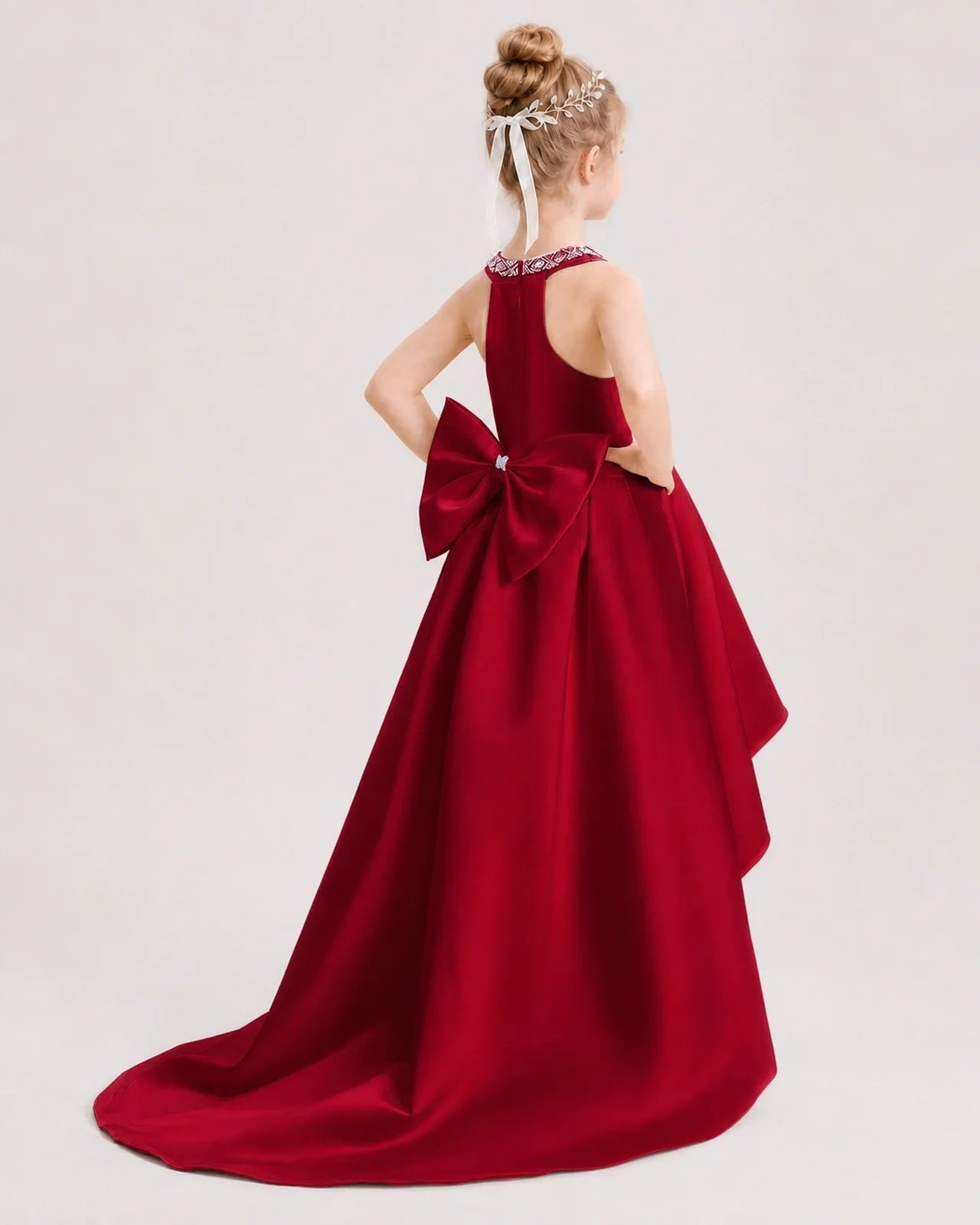 Dideyttawl Beaded V-Neck High-Low Satin Girl Formal Dress
