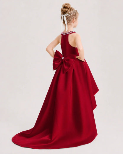 Dideyttawl Beaded V-Neck High-Low Satin Girl Formal Dress