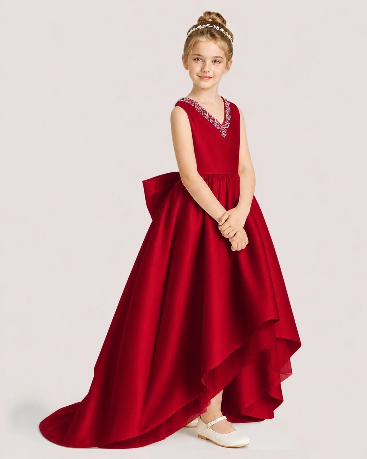 Dideyttawl Beaded V-Neck High-Low Satin Girl Formal Dress