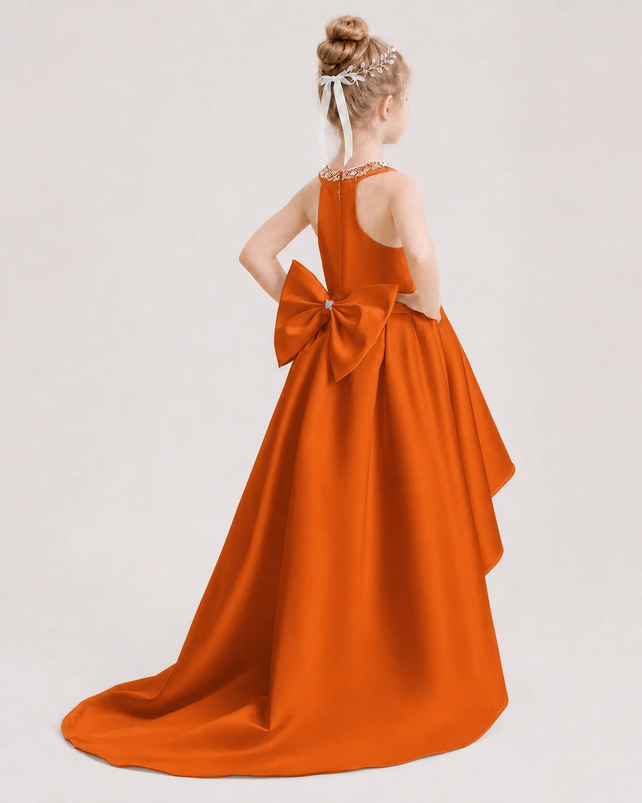 Dideyttawl Beaded V-Neck High-Low Satin Girl Formal Dress