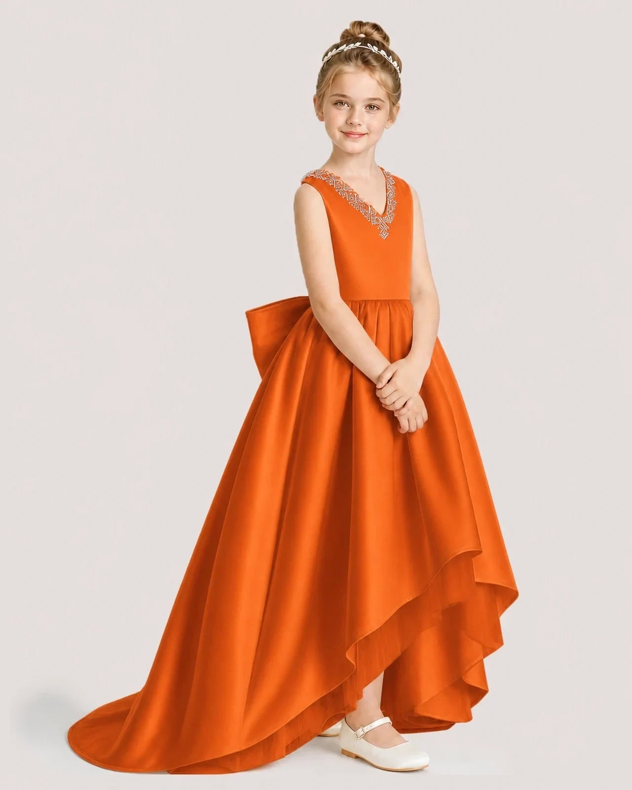 Dideyttawl Beaded V-Neck High-Low Satin Girl Formal Dress