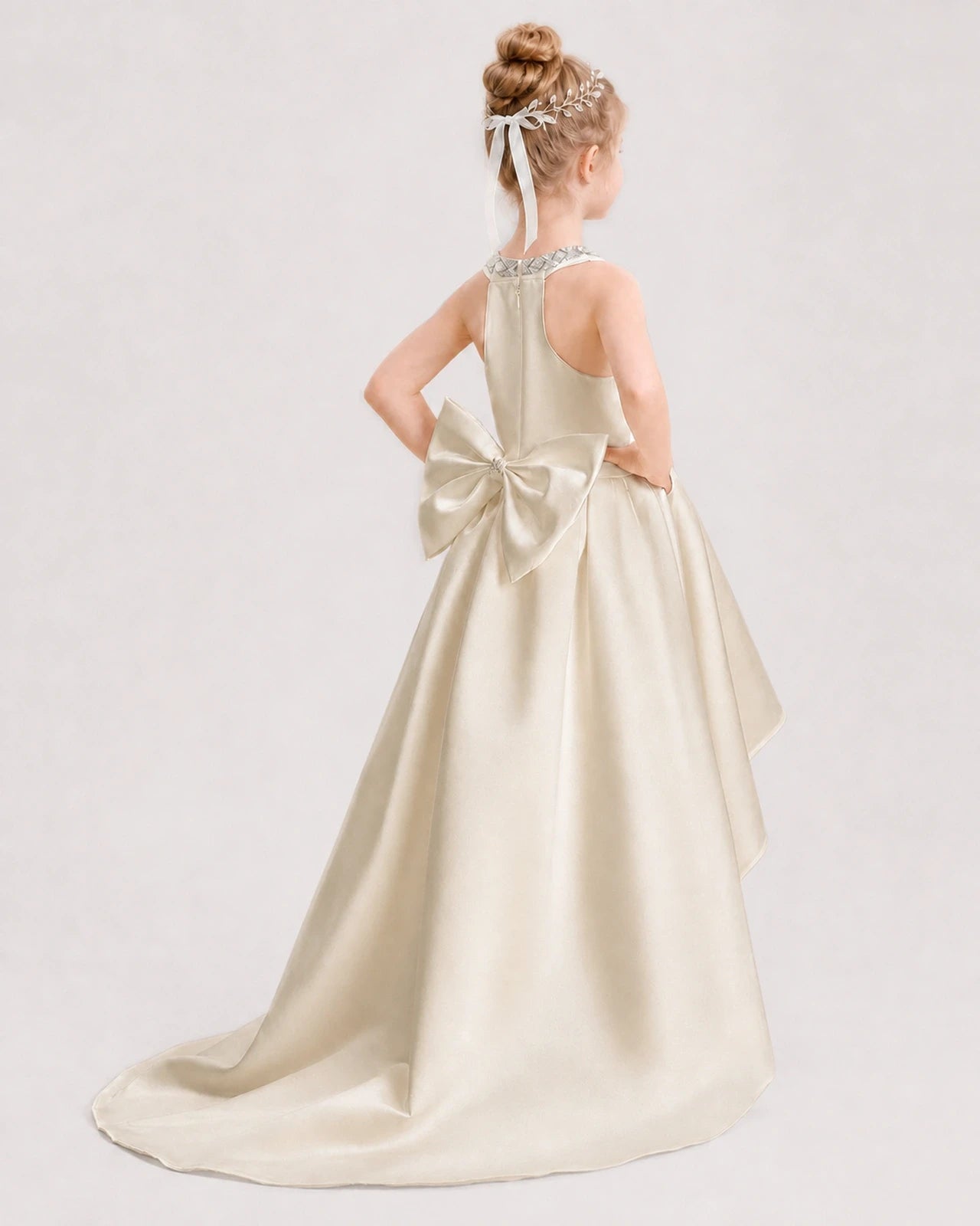 Dideyttawl Beaded V-Neck High-Low Satin Girl Formal Dress