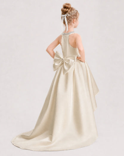 Dideyttawl Beaded V-Neck High-Low Satin Girl Formal Dress