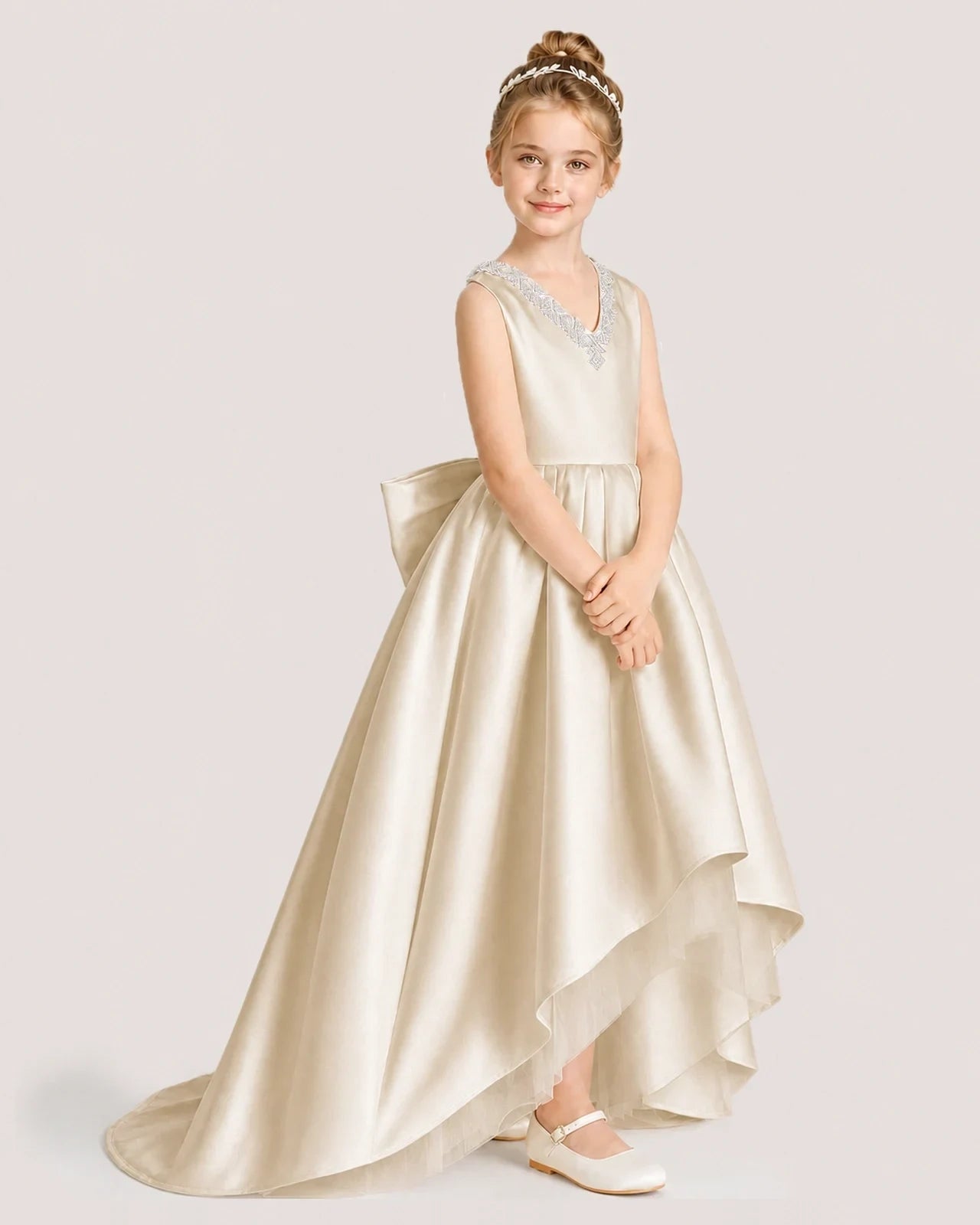 Dideyttawl Beaded V-Neck High-Low Satin Girl Formal Dress