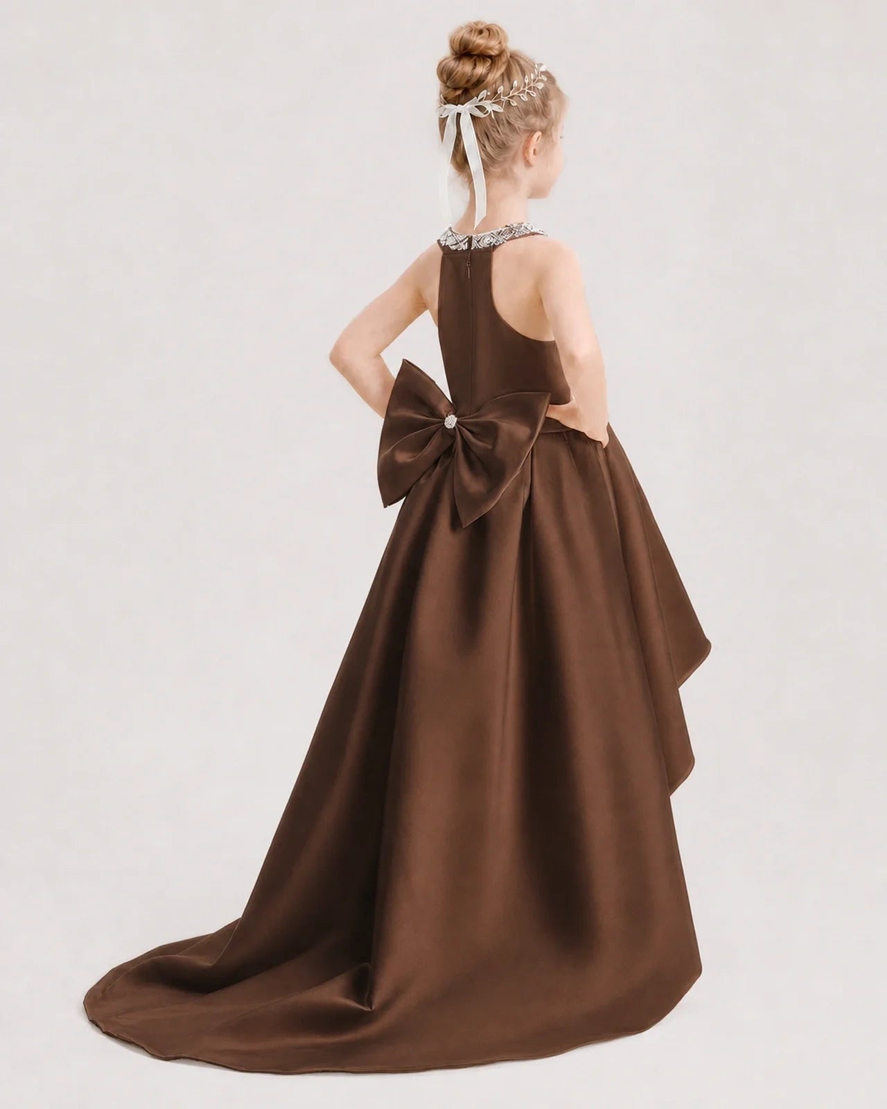 Dideyttawl Beaded V-Neck High-Low Satin Girl Formal Dress