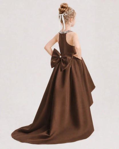 Dideyttawl Beaded V-Neck High-Low Satin Girl Formal Dress