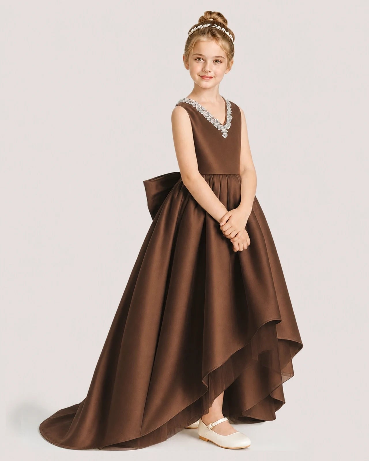 Dideyttawl Beaded V-Neck High-Low Satin Girl Formal Dress