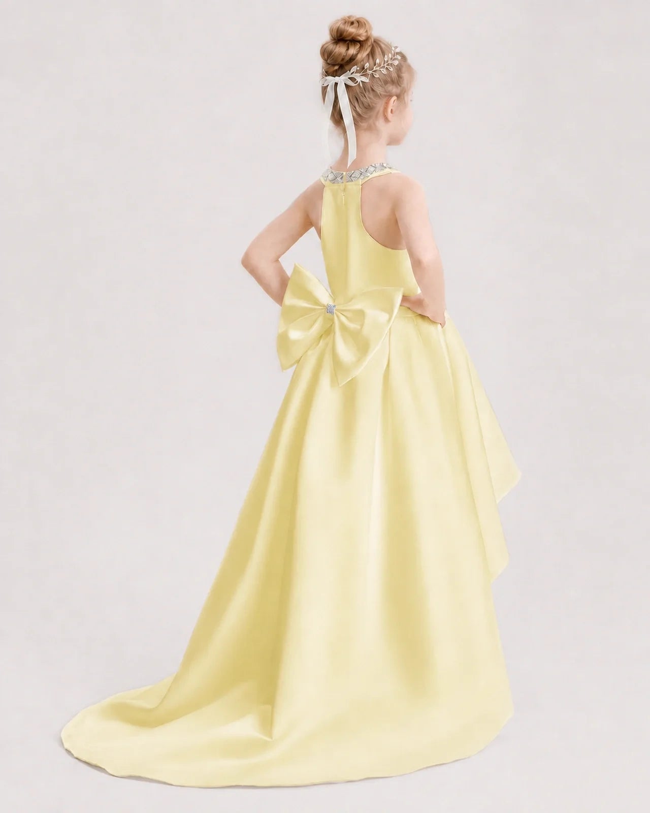 Dideyttawl Beaded V-Neck High-Low Satin Girl Formal Dress
