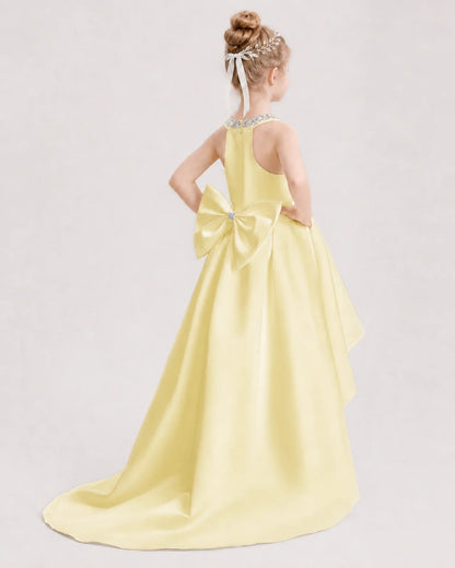 Dideyttawl Beaded V-Neck High-Low Satin Girl Formal Dress