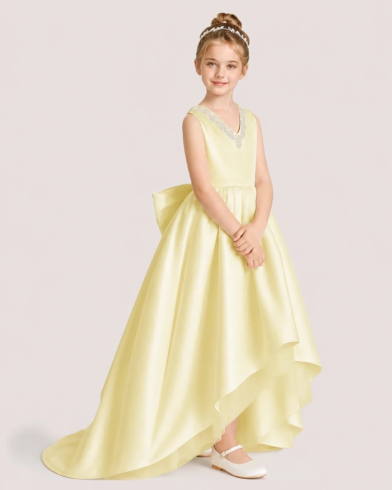 Dideyttawl Beaded V-Neck High-Low Satin Girl Formal Dress