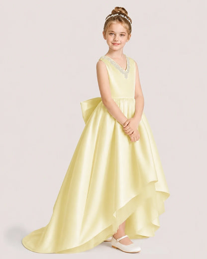 Dideyttawl Beaded V-Neck High-Low Satin Girl Formal Dress
