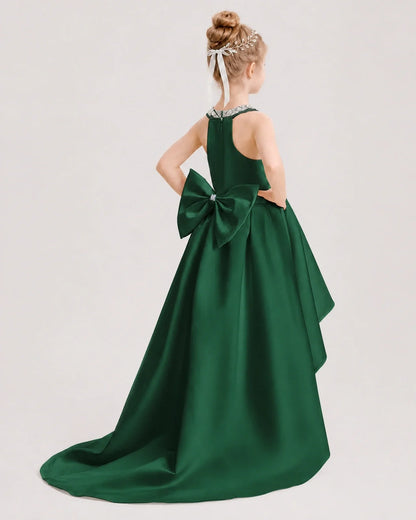 Dideyttawl Beaded V-Neck High-Low Satin Girl Formal Dress