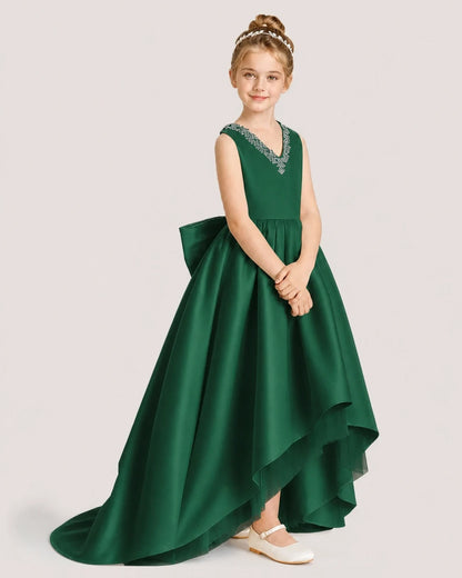 Dideyttawl Beaded V-Neck High-Low Satin Girl Formal Dress