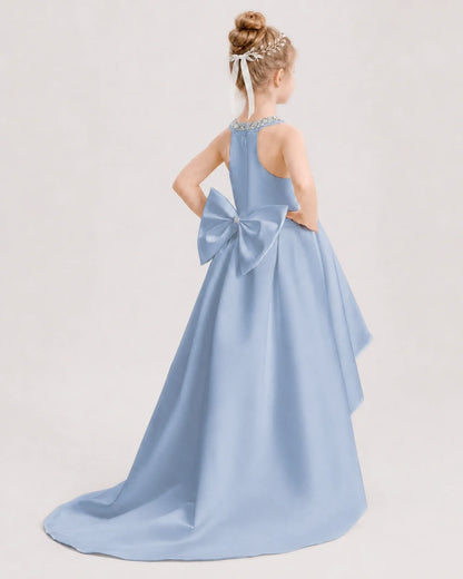 Dideyttawl Beaded V-Neck High-Low Satin Girl Formal Dress