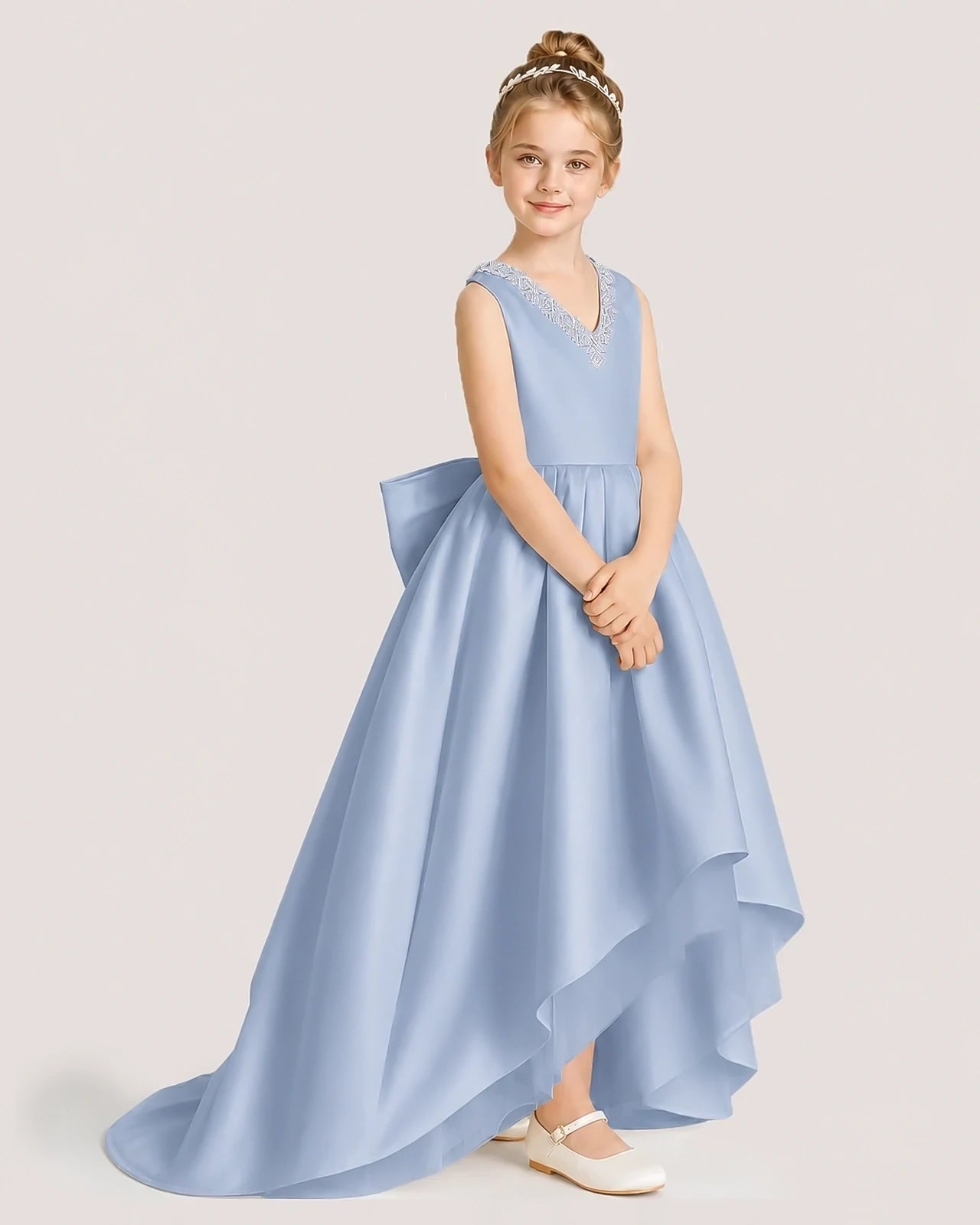 Dideyttawl Beaded V-Neck High-Low Satin Girl Formal Dress