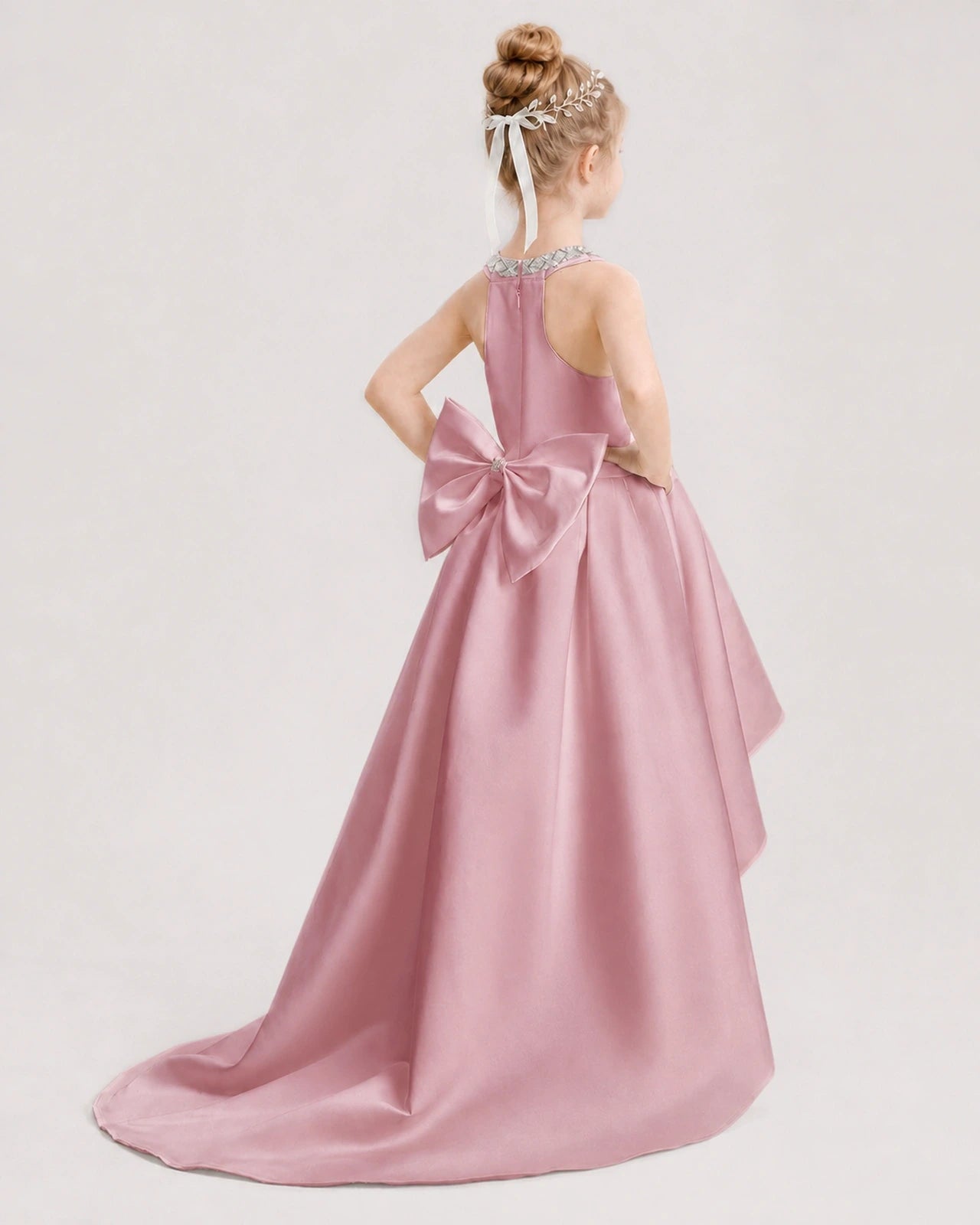 Dideyttawl Beaded V-Neck High-Low Satin Girl Formal Dress