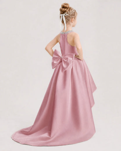 Dideyttawl Beaded V-Neck High-Low Satin Girl Formal Dress