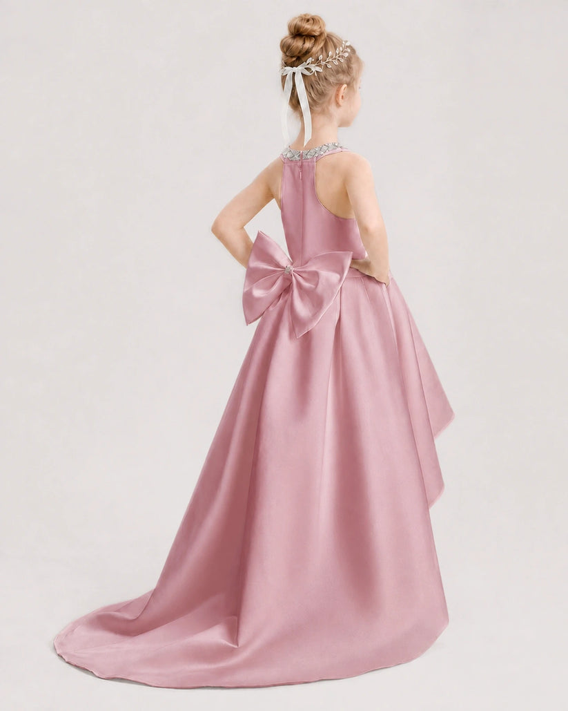 Dusty Rose Satin High-Low Girls Formal Dresses Back View