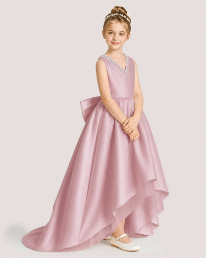 Dideyttawl Beaded V-Neck High-Low Satin Girl Formal Dress