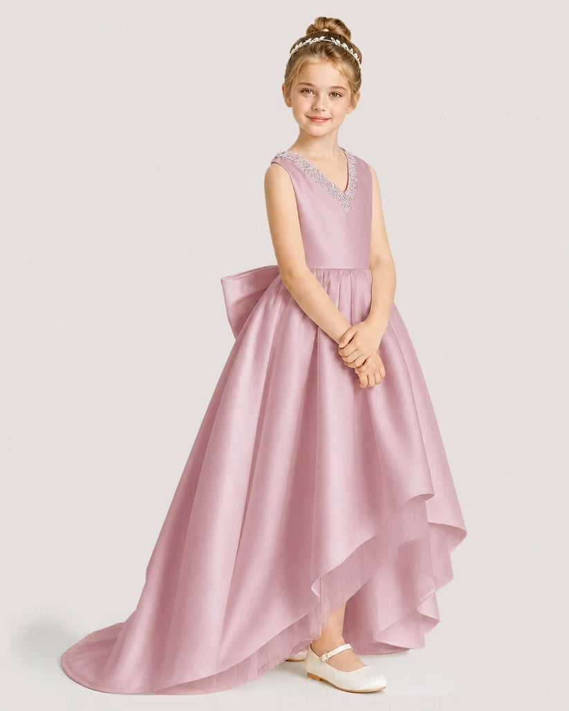 Dusty Rose Satin High-Low Girls Formal Dress Front View