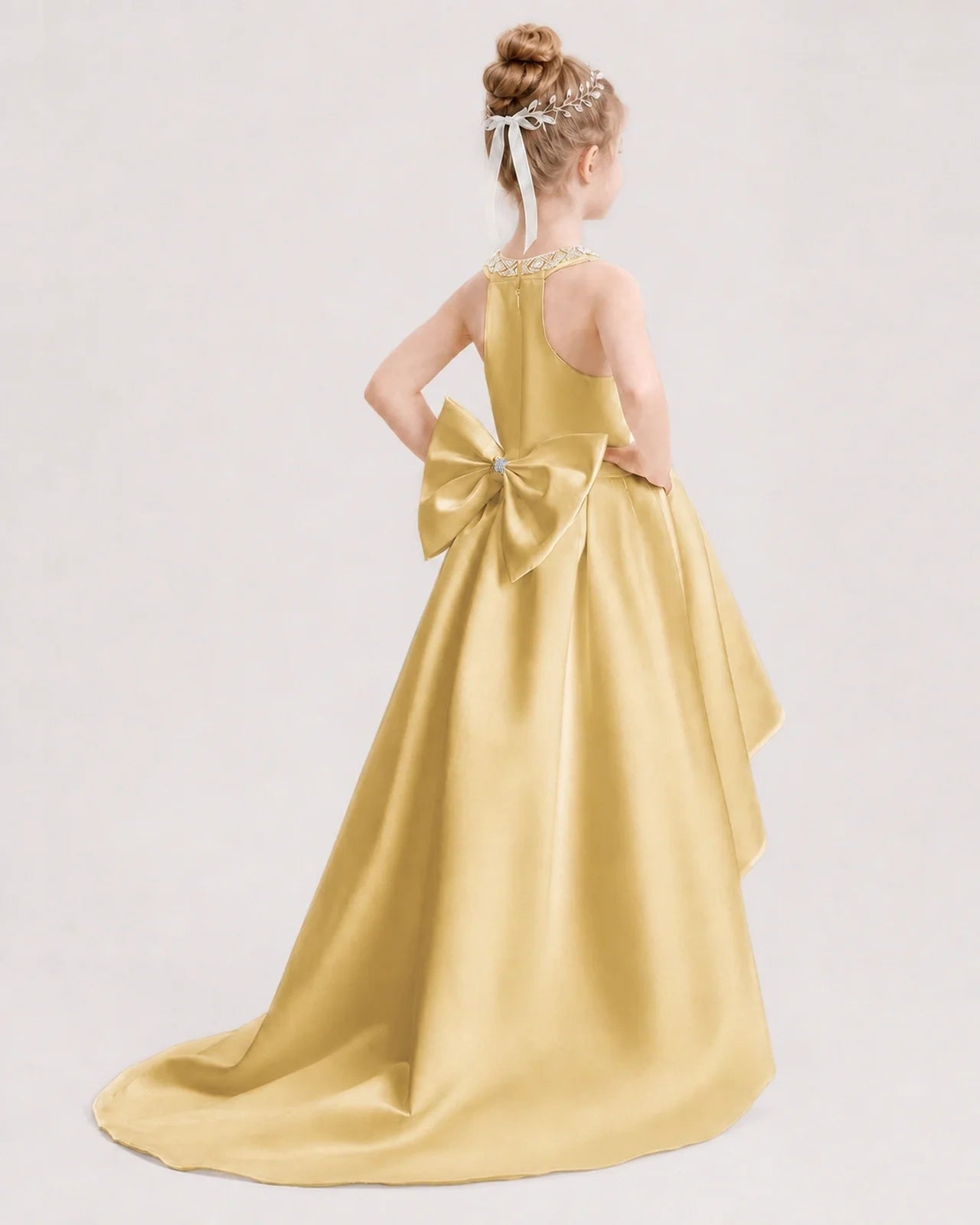 Dideyttawl Beaded V-Neck High-Low Satin Girl Formal Dress