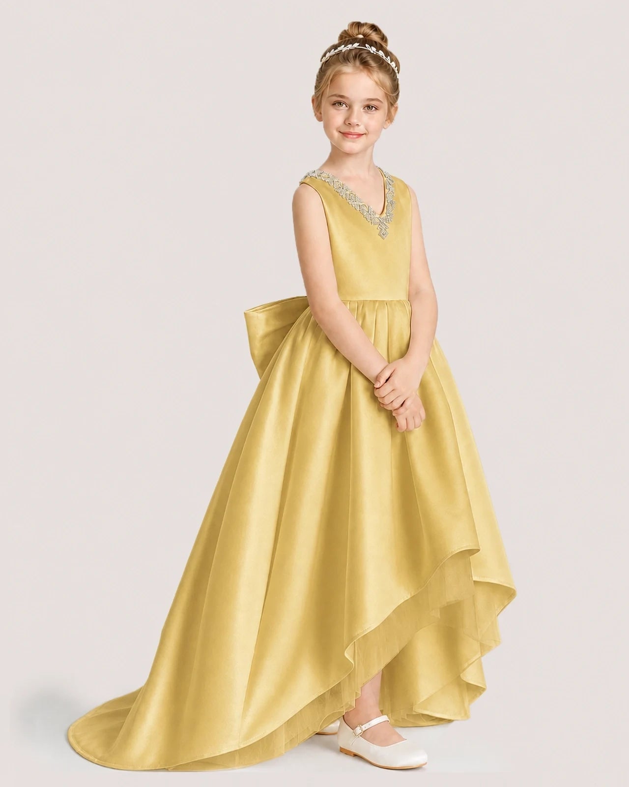 Dideyttawl Beaded V-Neck High-Low Satin Girl Formal Dress