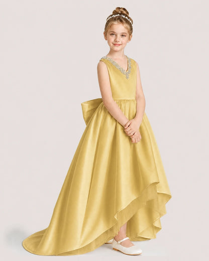 Dideyttawl Beaded V-Neck High-Low Satin Girl Formal Dress